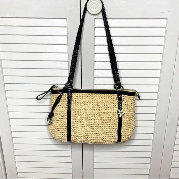 Brighton Summer Straw Shoulder Bag Black Leather Trim - Picture 6 of 11